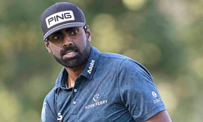 Sahith Theegala watches his putt on the 15th green during the final round of the 2023 Fortinet Championship.